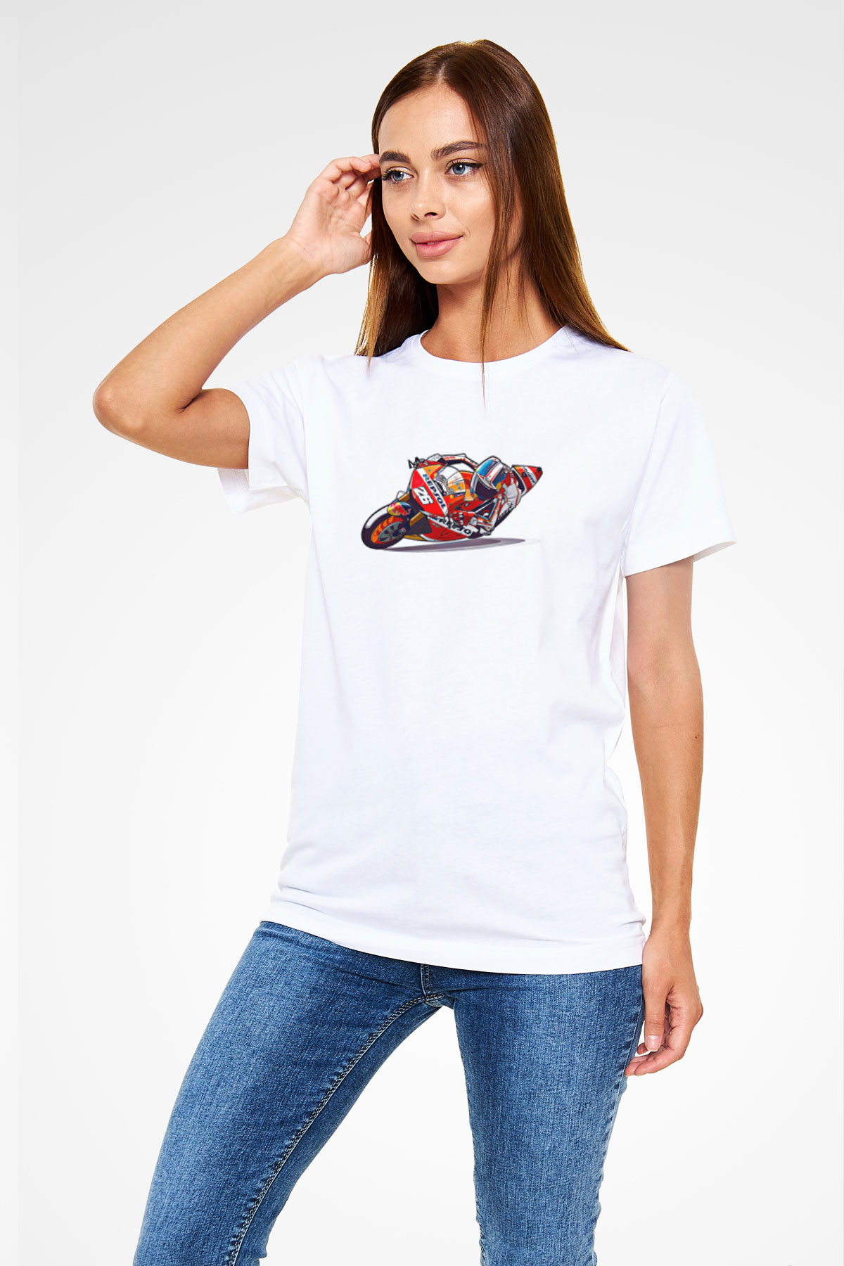 Motor Sporları Baskılı Unisex Beyaz Tişört - Tshirt