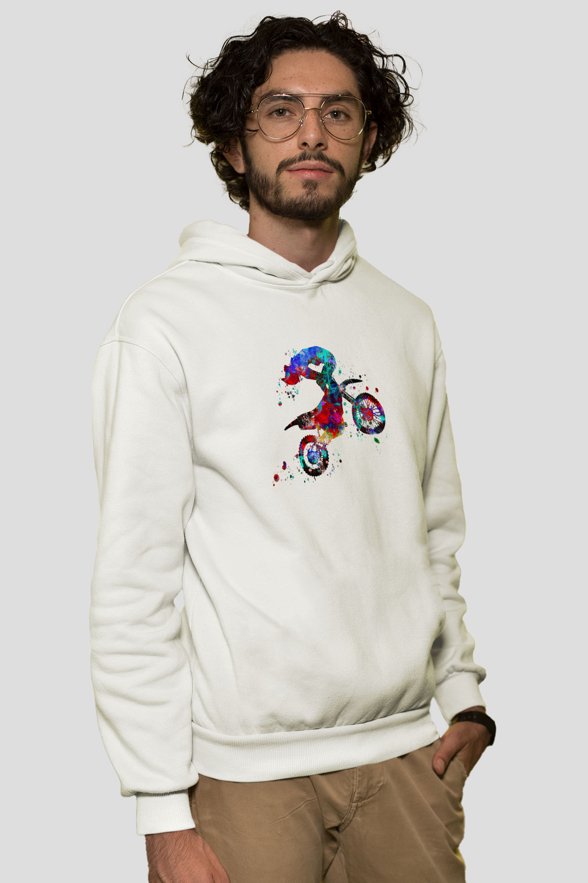 Motor Sporları Baskılı Unisex Ekru Hoodie