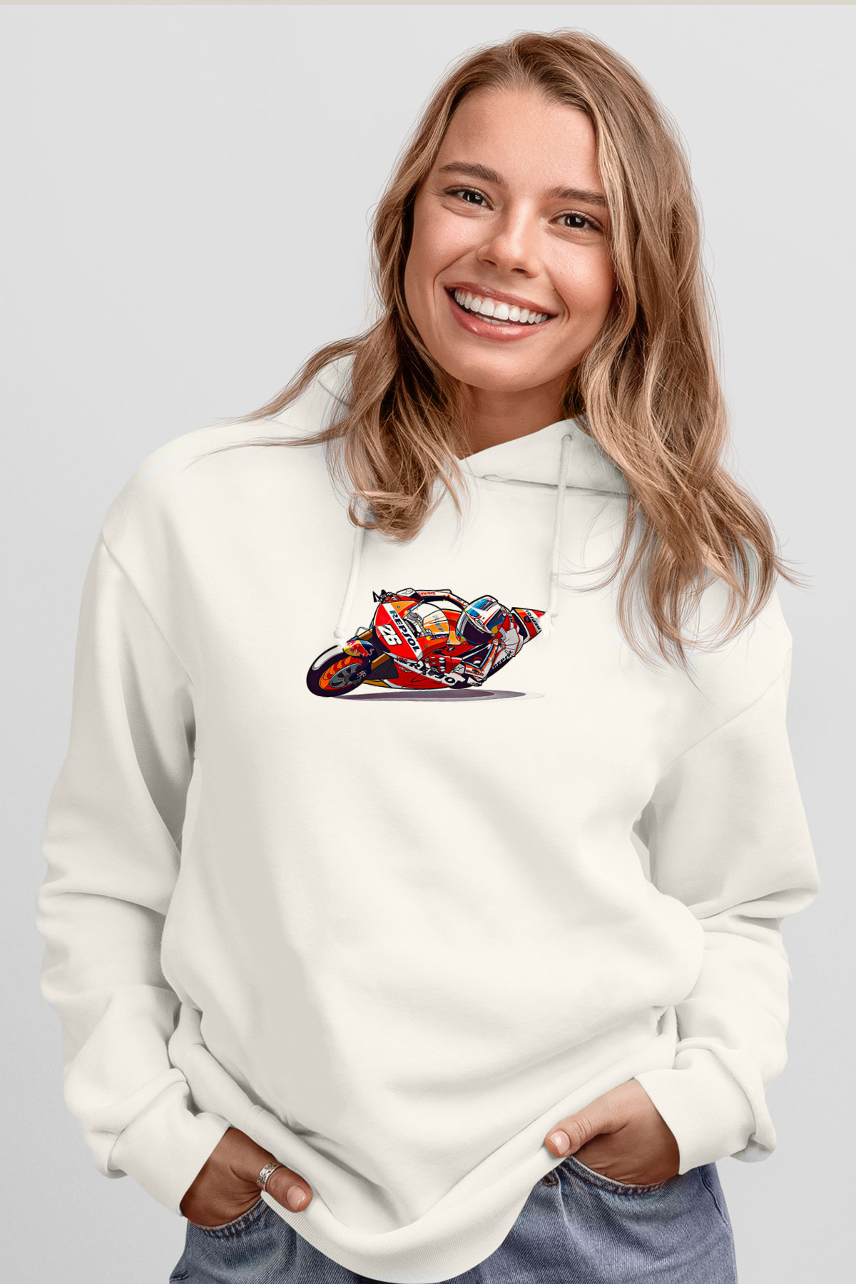 Motor Sporları Baskılı Unisex Ekru Hoodie