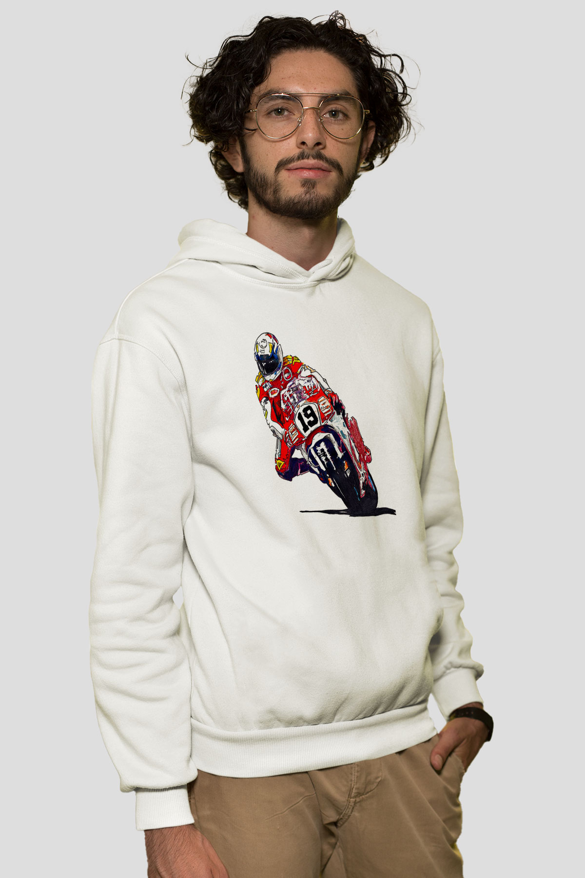 Motor Sporları Baskılı Unisex Ekru Hoodie