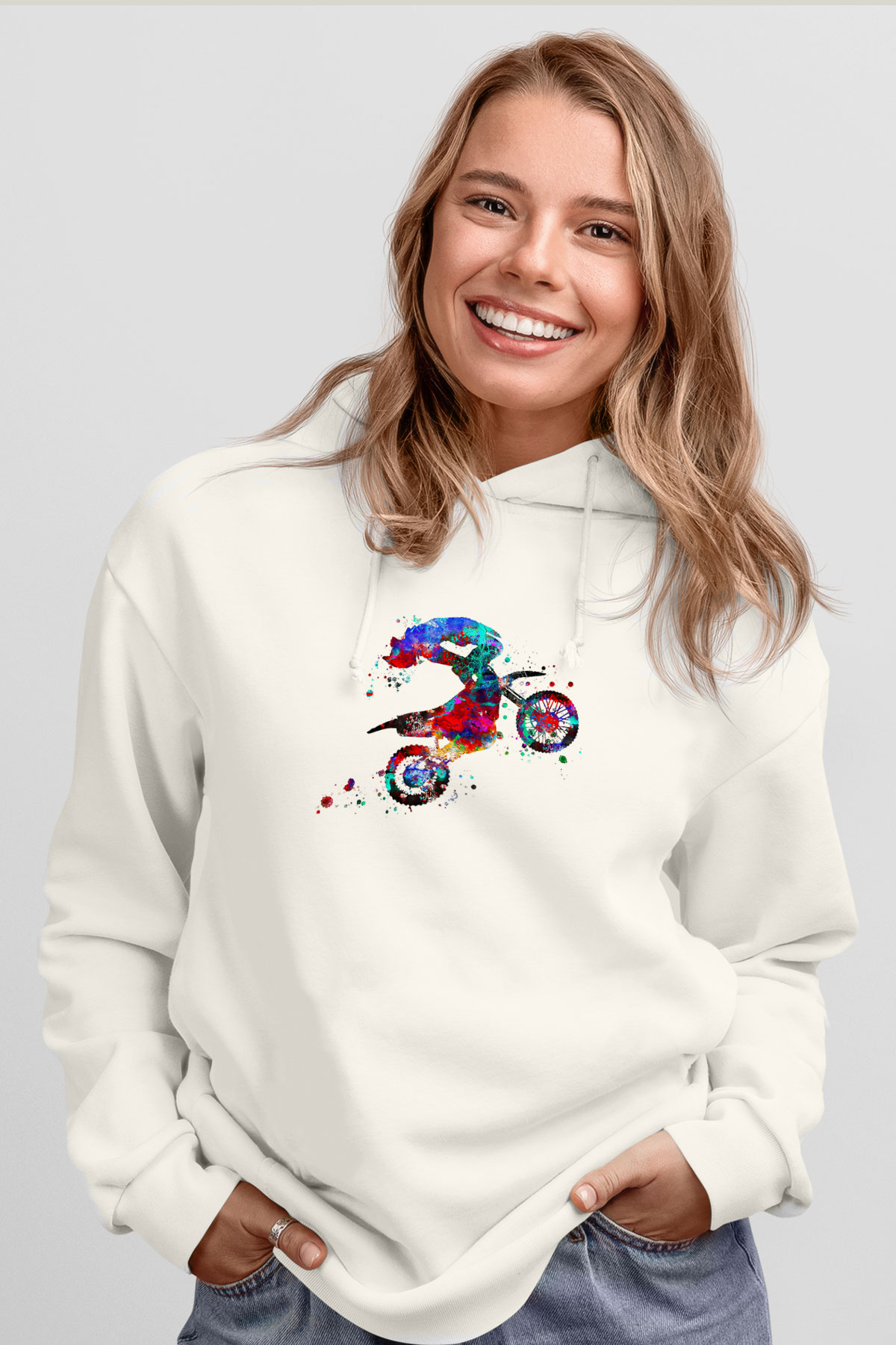 Motor Sporları Baskılı Unisex Ekru Hoodie
