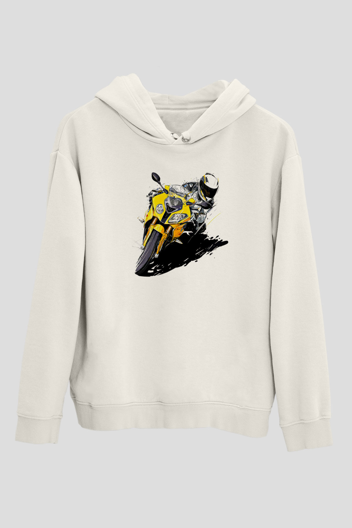 Motor Sporları Baskılı Unisex Ekru Hoodie