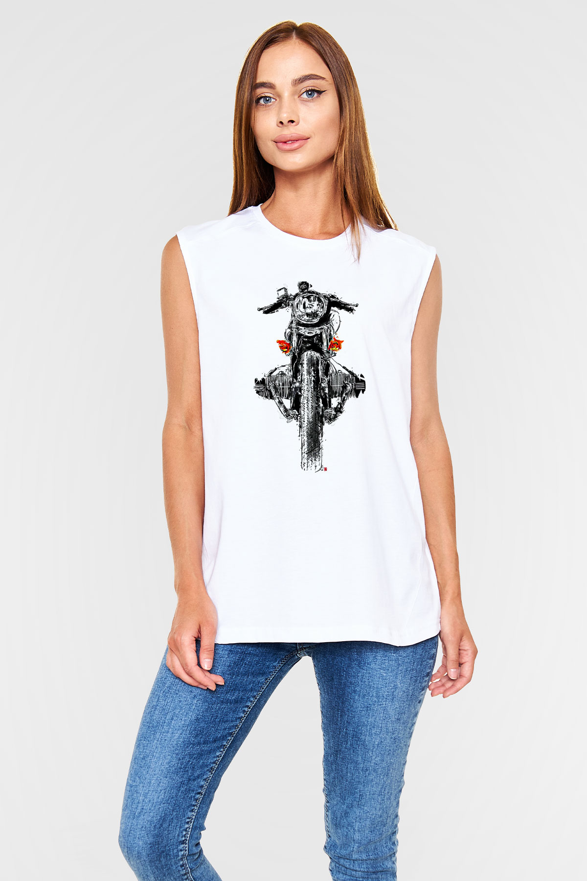 Motor Sporları Baskılı Unisex Kolsuz Beyaz Tişört
