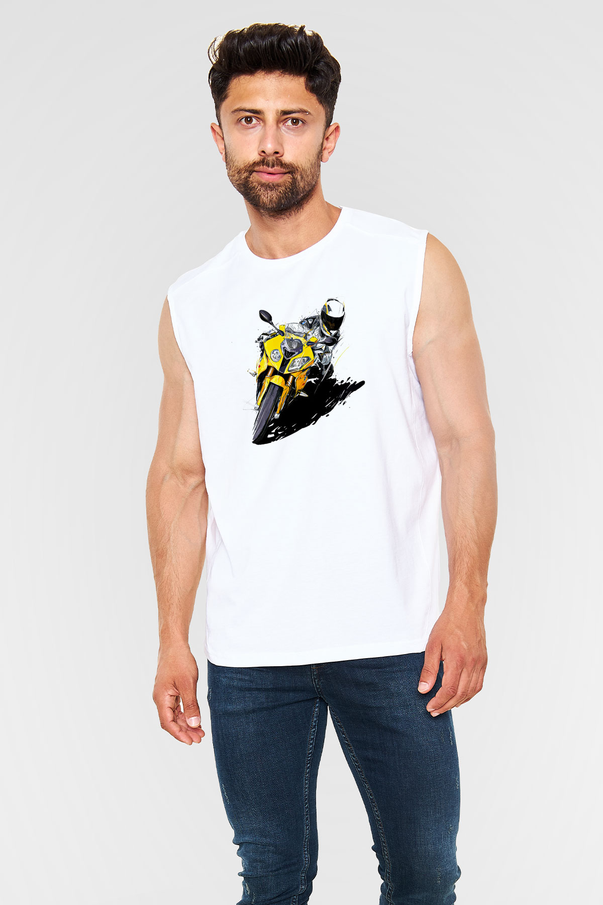 Motor Sporları Baskılı Unisex Kolsuz Beyaz Tişört