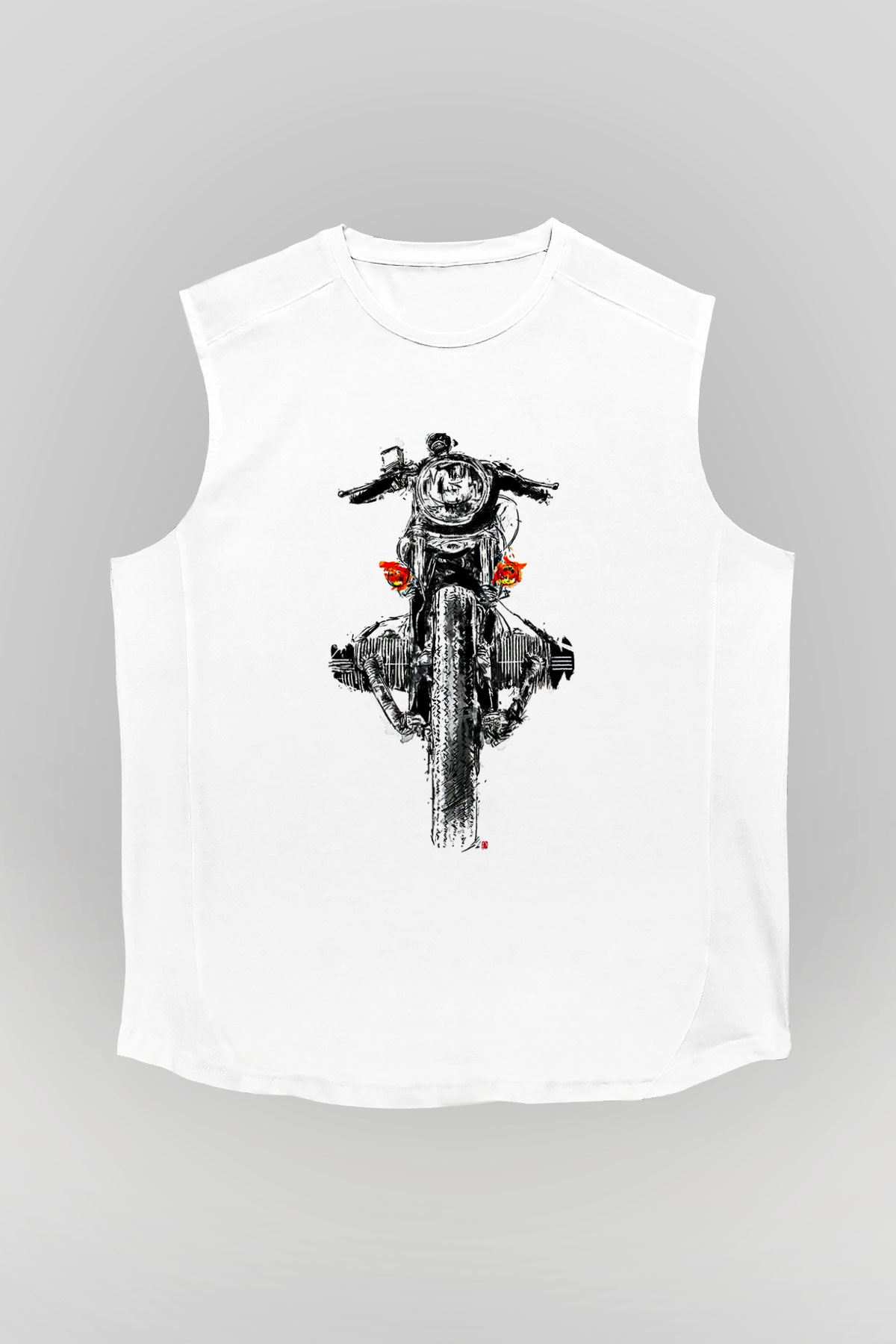 Motor Sporları Baskılı Unisex Kolsuz Beyaz Tişört