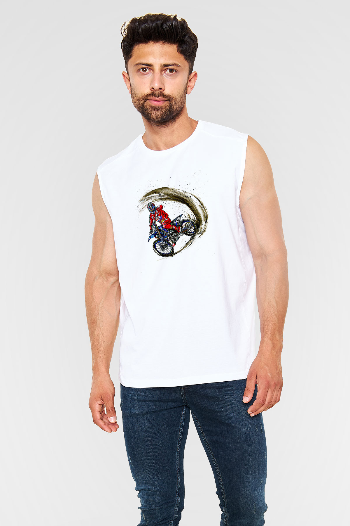 Motor Sporları Baskılı Unisex Kolsuz Beyaz Tişört