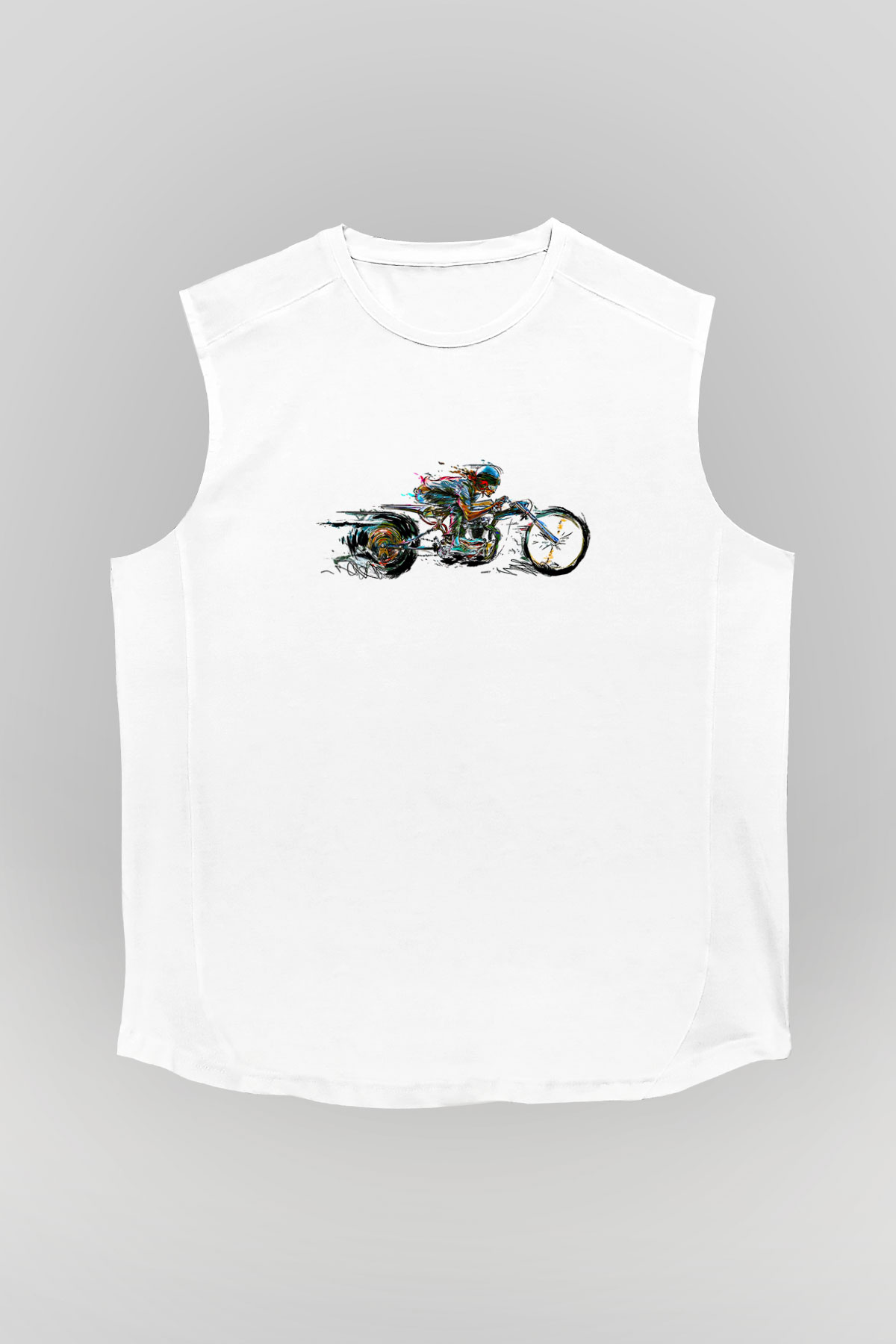 Motor Sporları Baskılı Unisex Kolsuz Beyaz Tişört