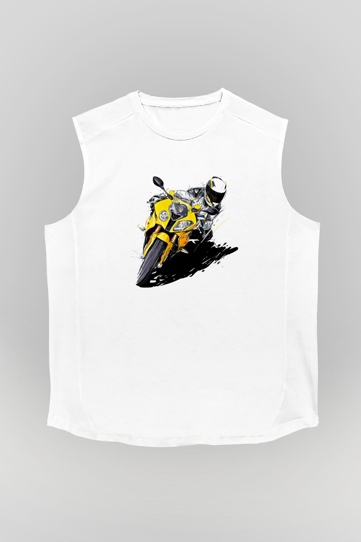 Motor Sporları Baskılı Unisex Kolsuz Beyaz Tişört