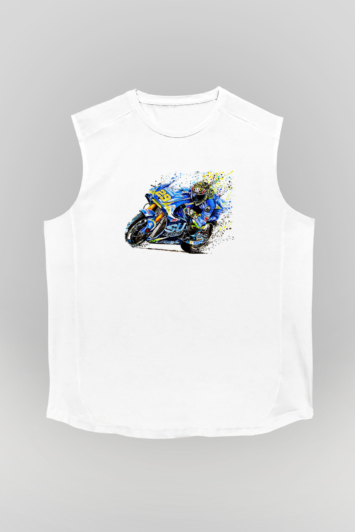 Motor Sporları Baskılı Unisex Kolsuz Beyaz Tişört