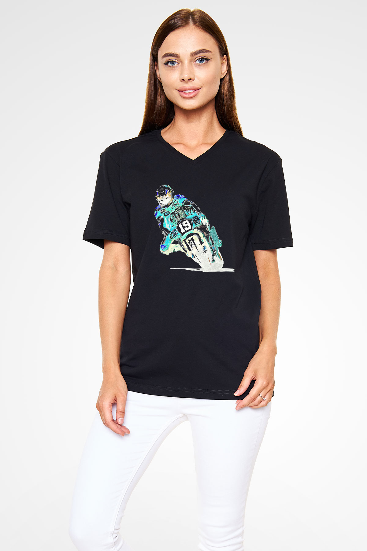 Motor Sporları - Motor sports Baskılı Unisex Siyah V Yaka Tişört