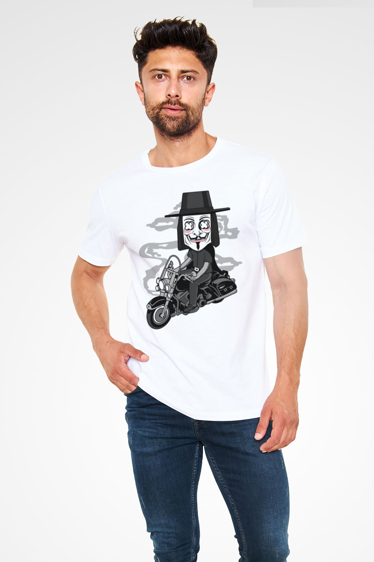 Motorcu Vendetta Baskılı Unisex Beyaz Tişört
