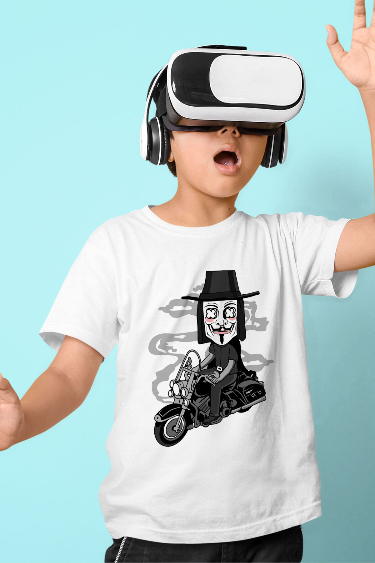Motorcu Vendetta Baskılı Unisex Beyaz Çocuk Tişört