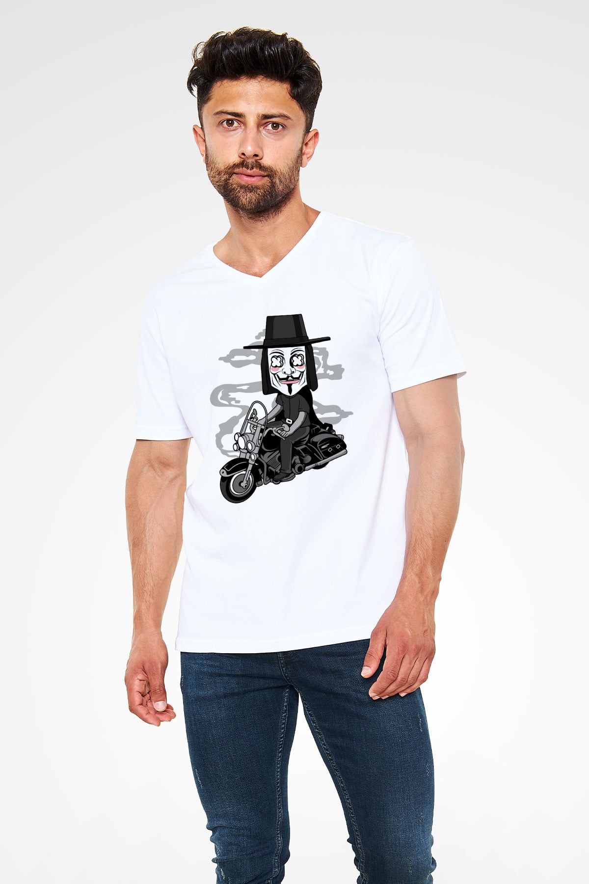 Motorcu Vendetta Baskılı Unisex Beyaz V Yaka Tişört