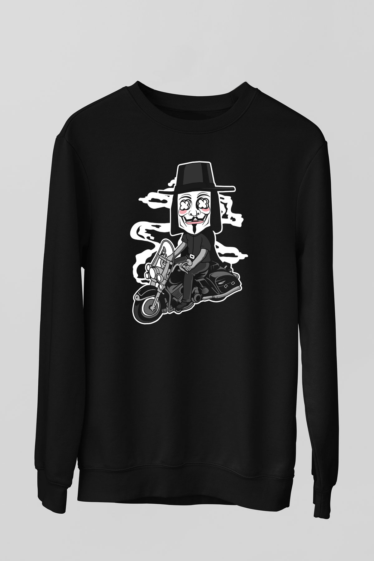 Motorcu Vendetta Baskılı Unisex Siyah Sweatshirt