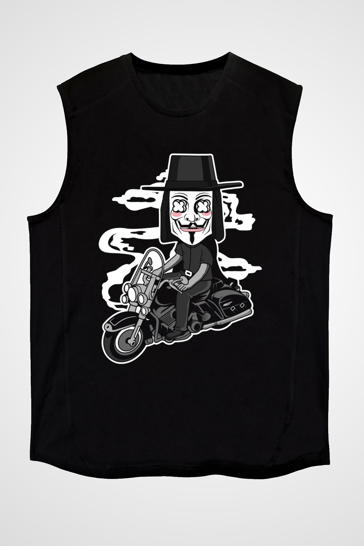Motorcu Vendetta Baskılı Unisex Siyah Kolsuz Tişört