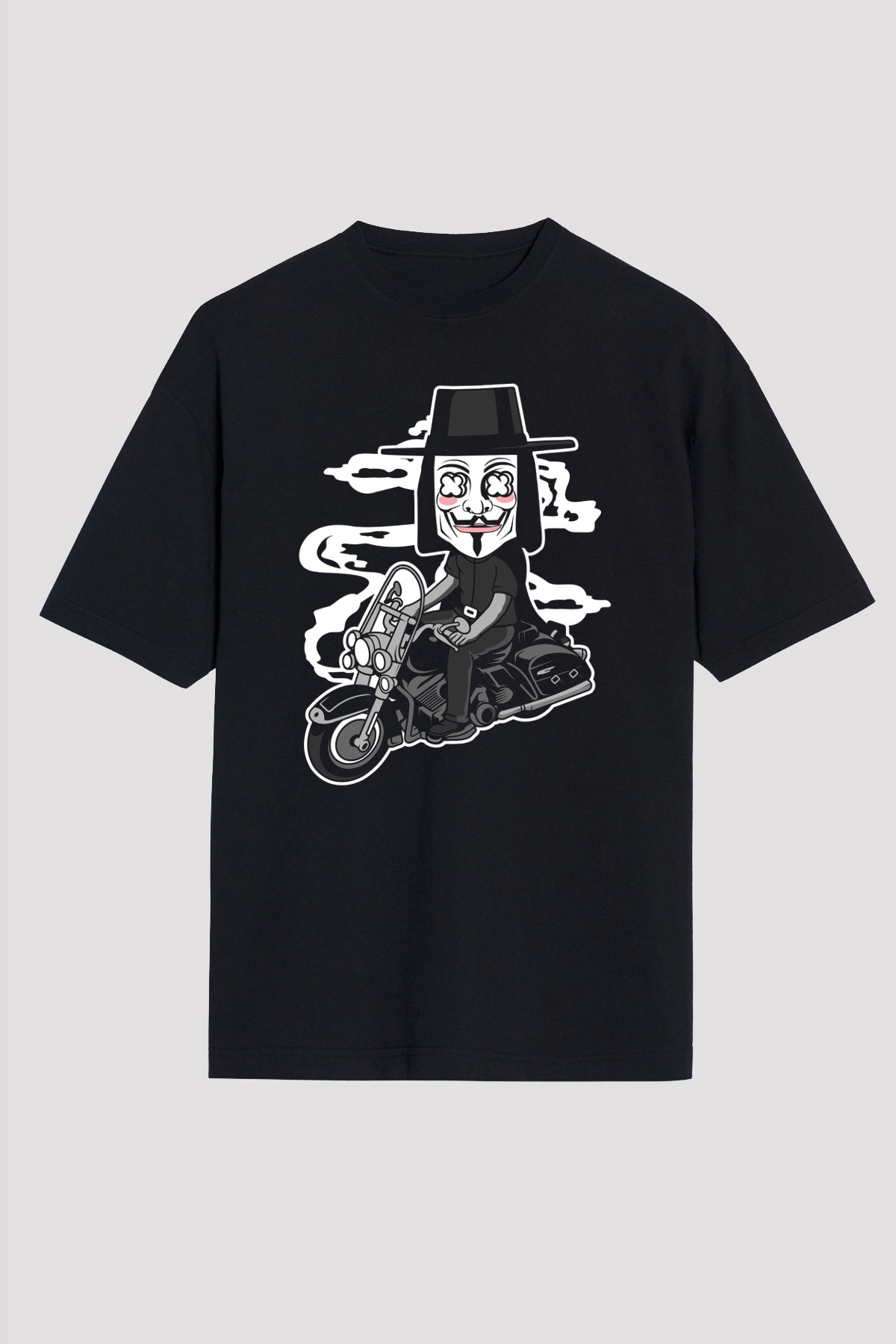 Motorcu Vendetta Baskılı Unisex Siyah Oversize Tişört