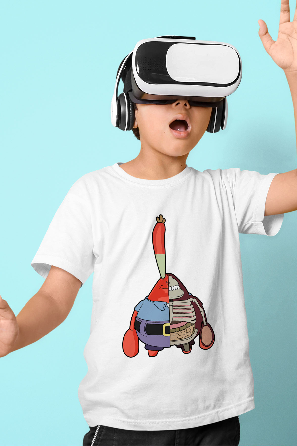 Mr Krabs Half Skeleton Baskılı Beyaz Unisex Çocuk Tshirt