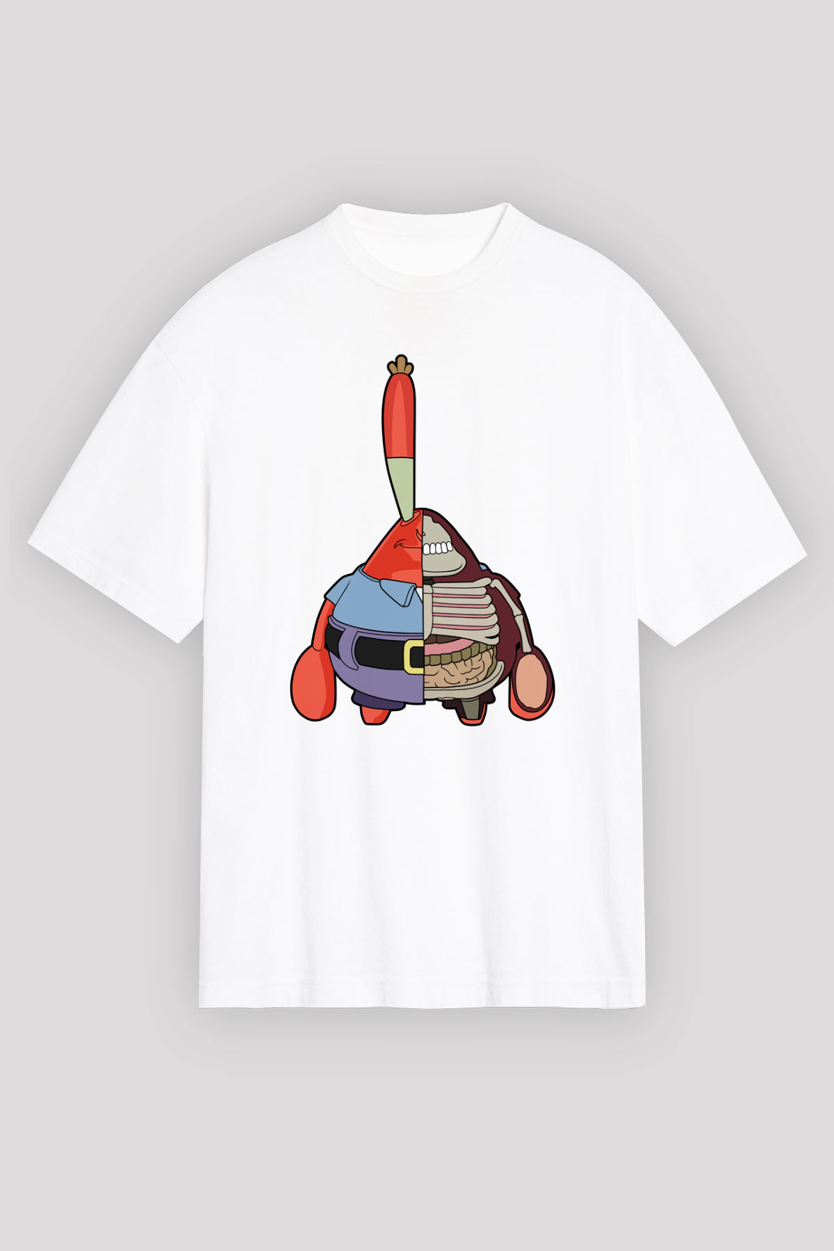 Mr Krabs Half Skeleton Baskılı Beyaz Unisex Oversize Tişört