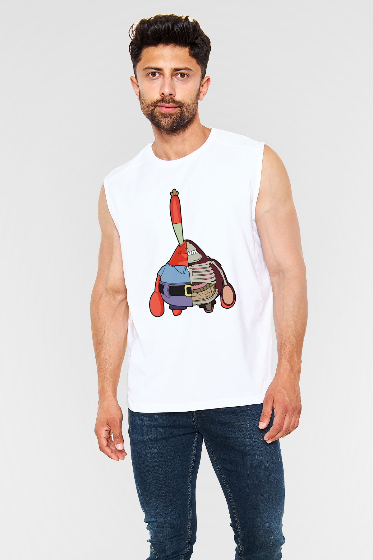 Mr Krabs Half Skeleton Baskılı Beyaz Unisex Kolsuz Tişört