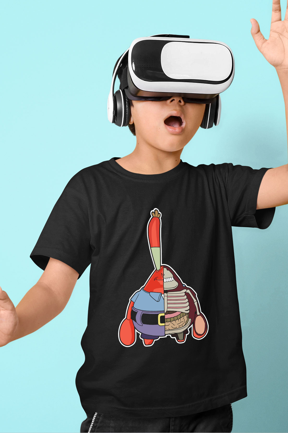 Mr Krabs Half Skeleton Baskılı Siyah Çocuk Unisex Tshirt