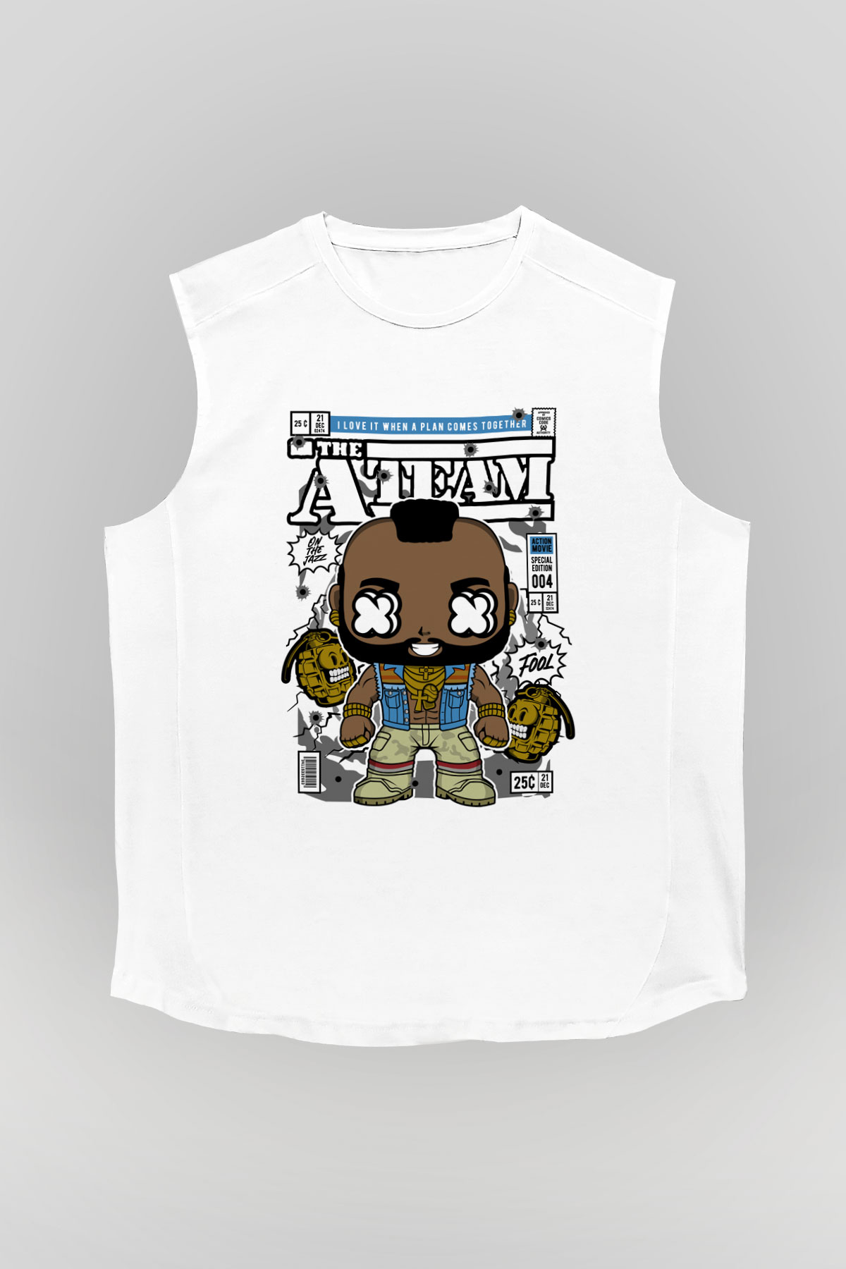 Mr T Baskılı Unisex Beyaz Kolsuz Tişört