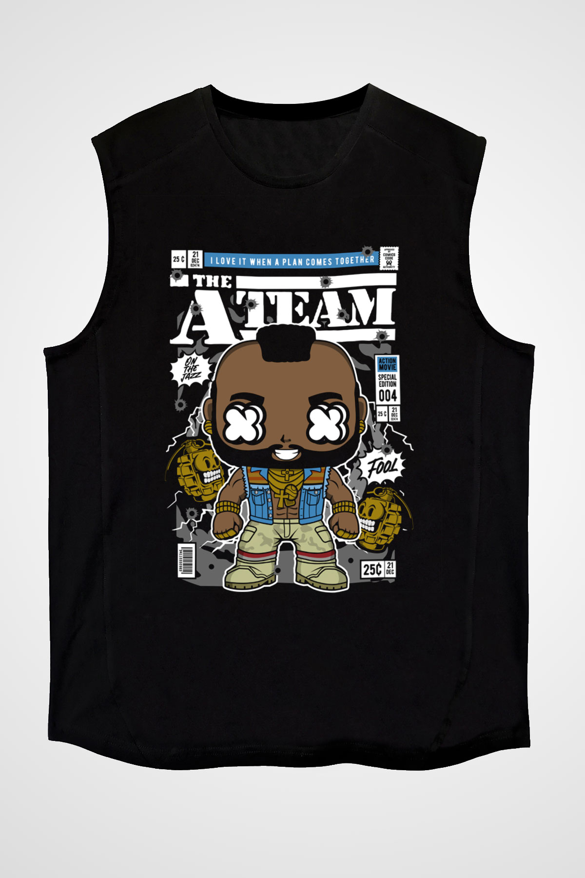 Mr T Baskılı Unisex Siyah Kolsuz Tişört