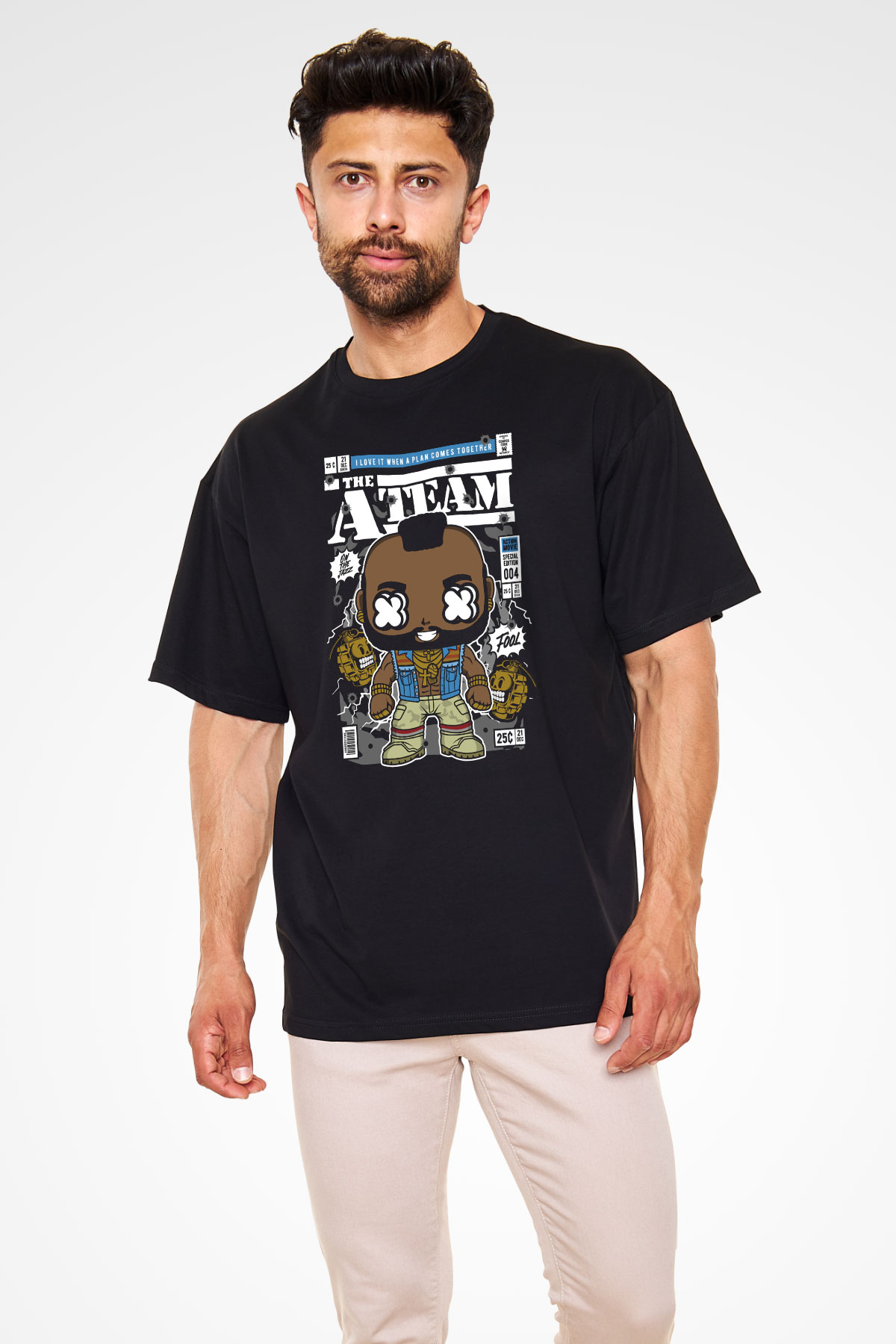 Mr T Baskılı Unisex Siyah Oversize Tişört