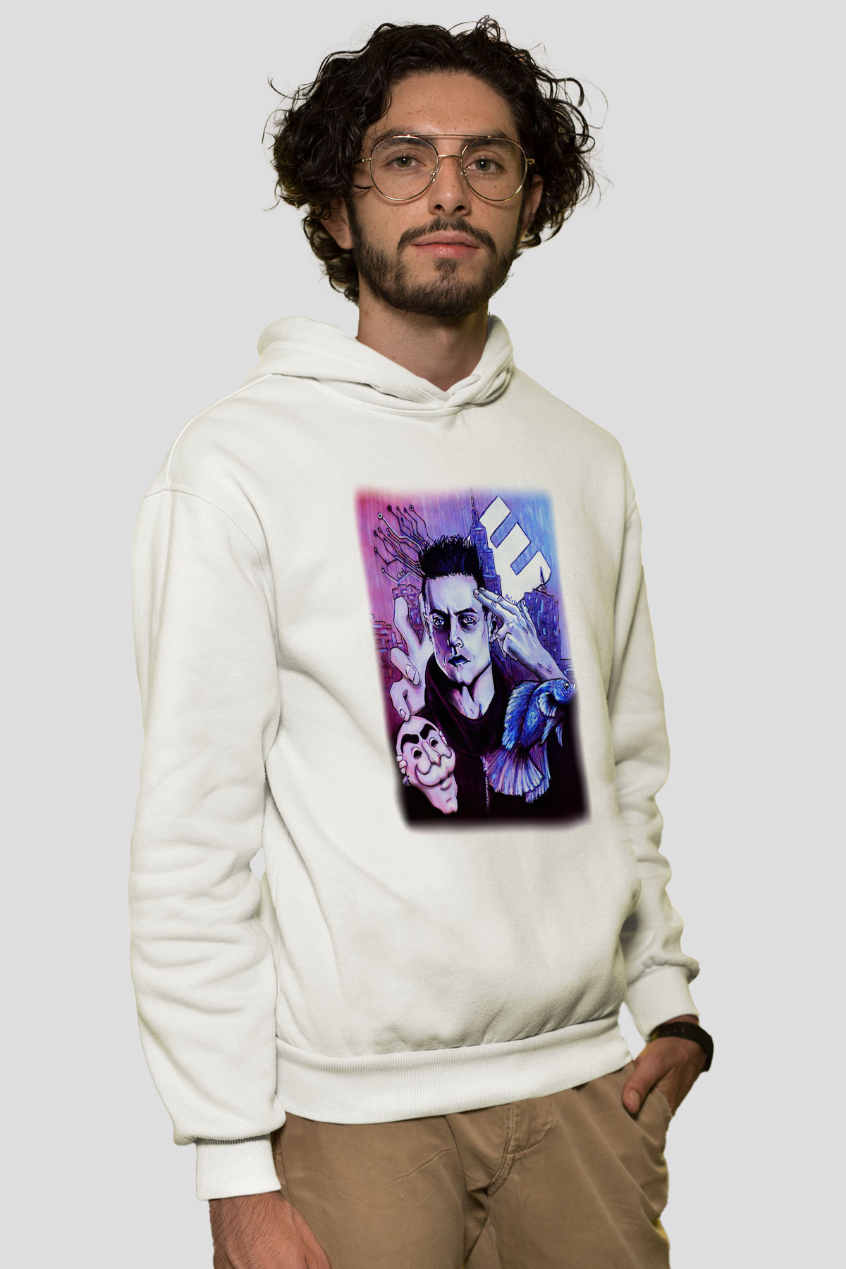 Mr. Robot Beyaz Unisex Kapşonlu Sweatshirt