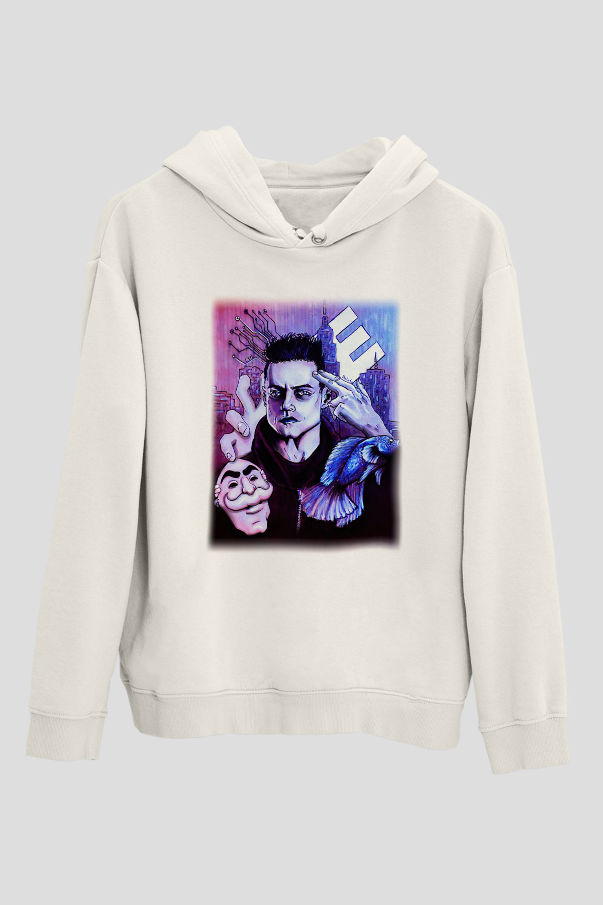 Mr. Robot Beyaz Unisex Kapşonlu Sweatshirt