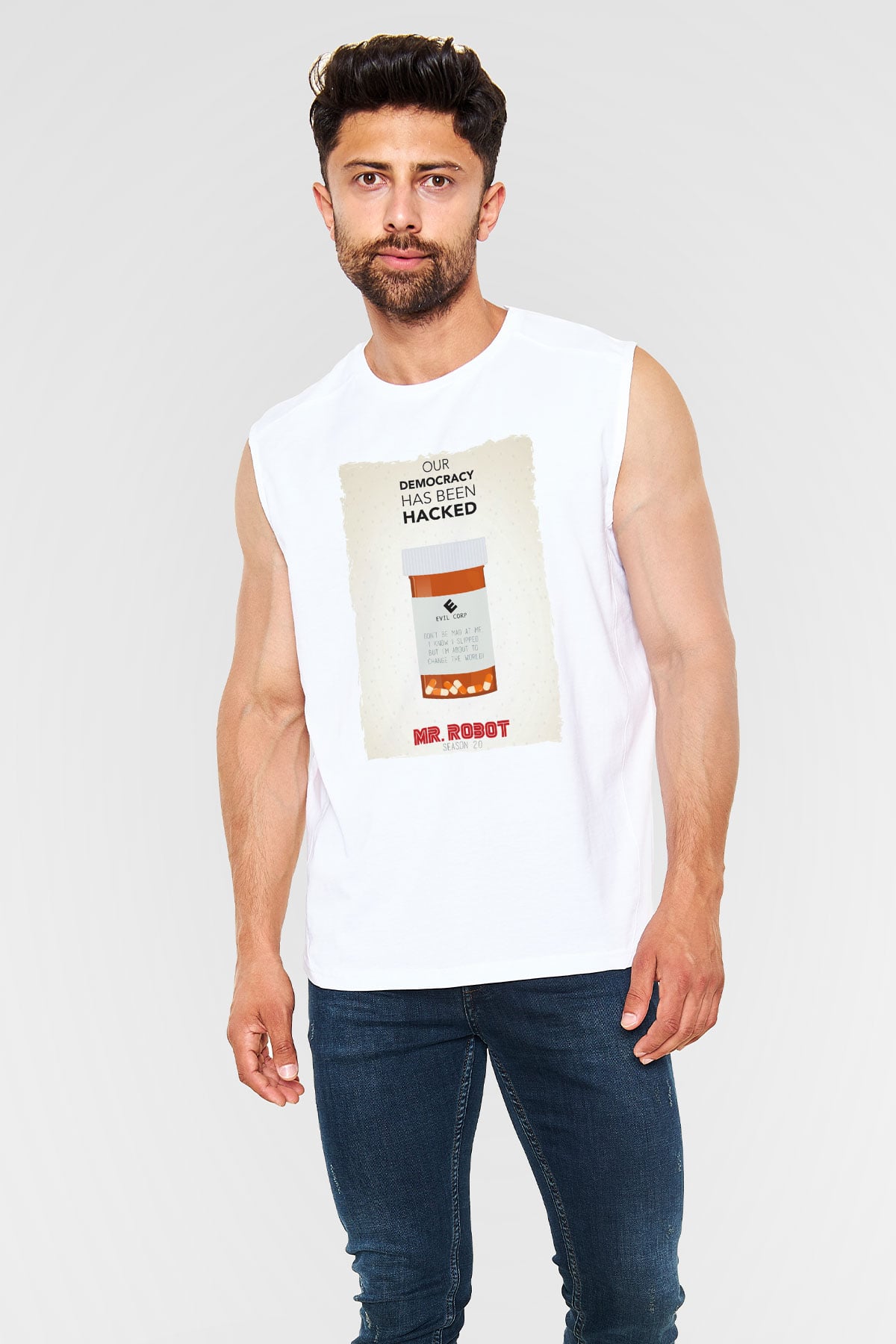 Mr. Robot Beyaz Unisex Kolsuz Tişört