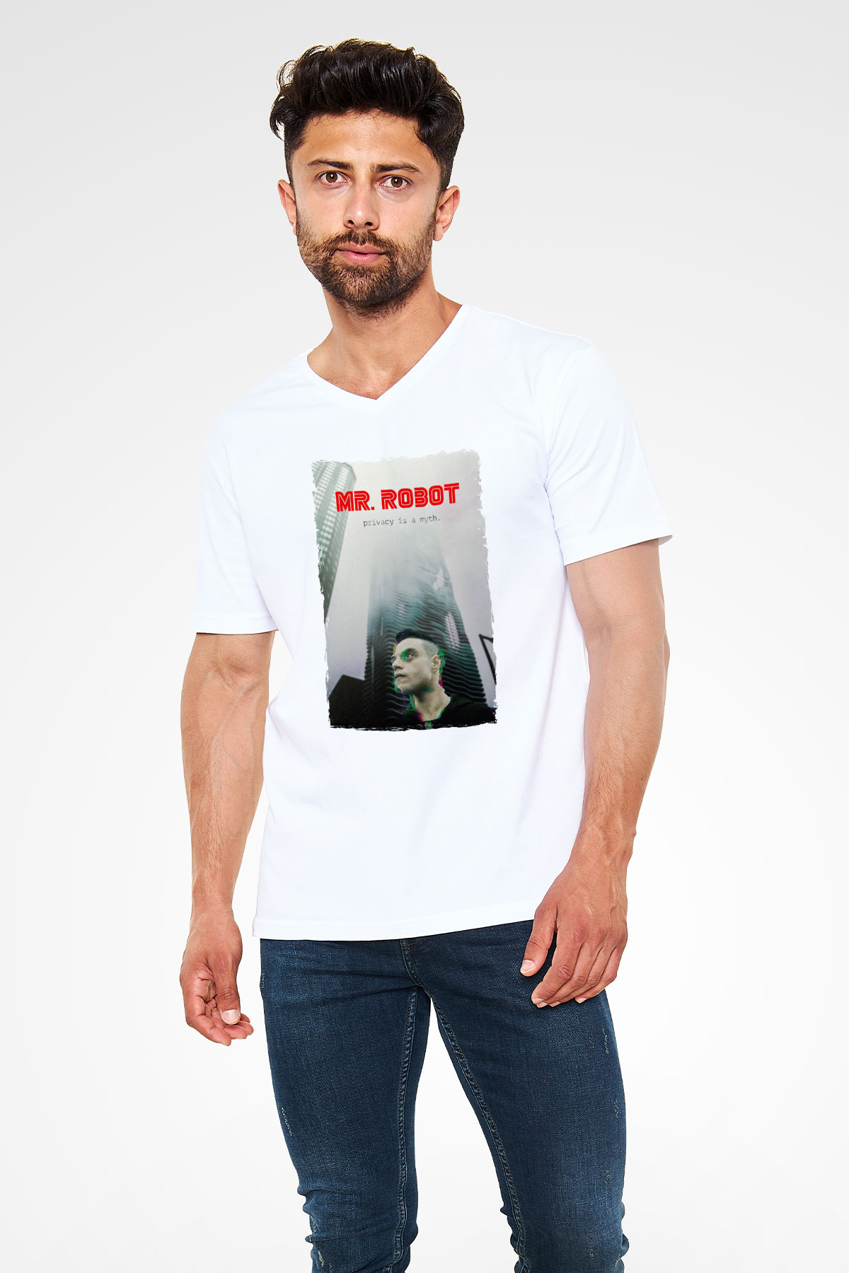 Mr. Robot Beyaz Unisex V Yaka Tişört