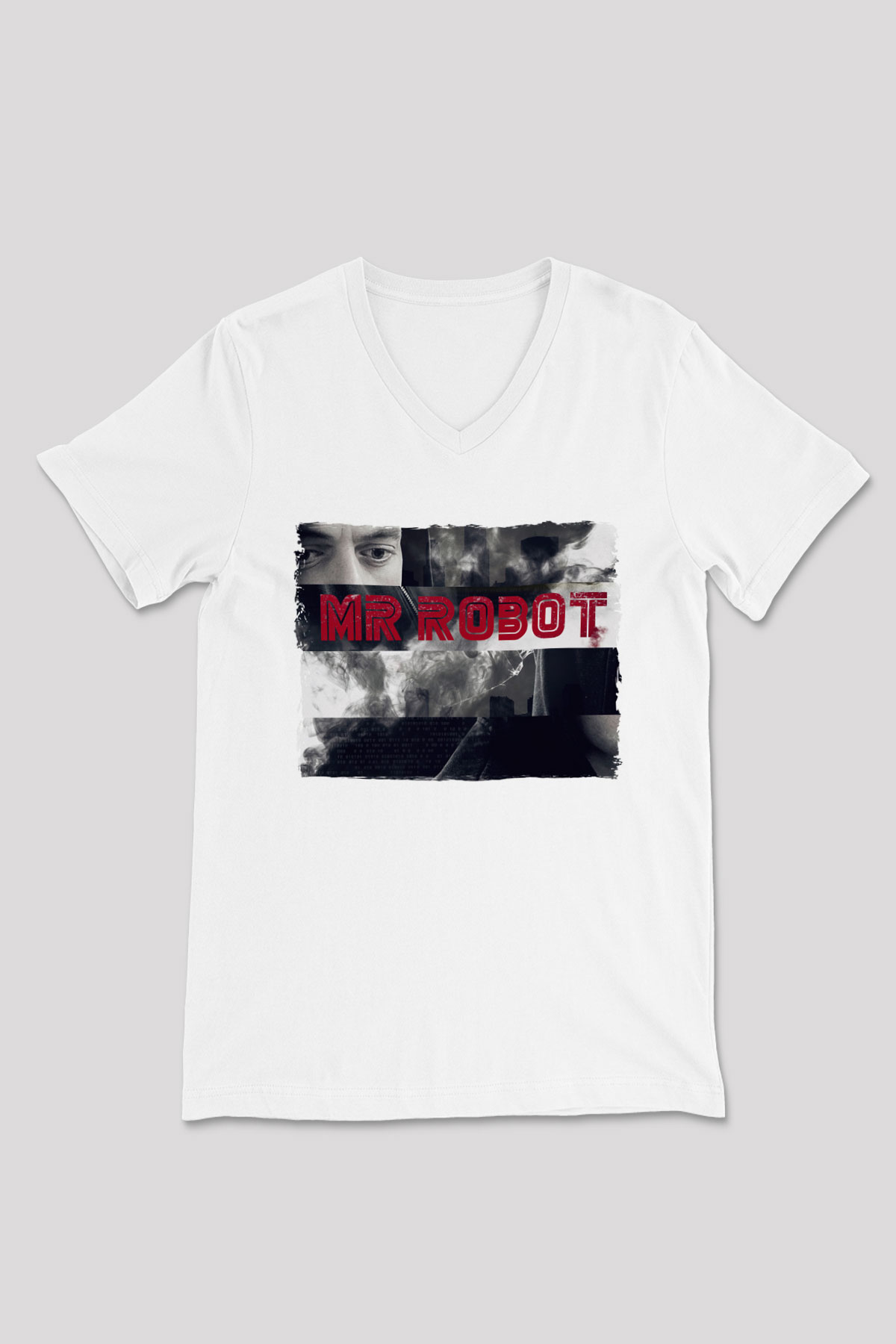 Mr. Robot Beyaz Unisex V Yaka Tişört