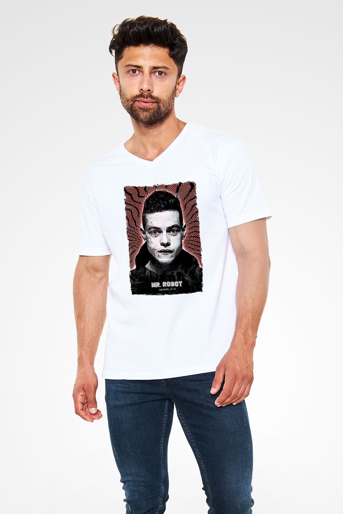 Mr. Robot Beyaz Unisex V Yaka Tişört