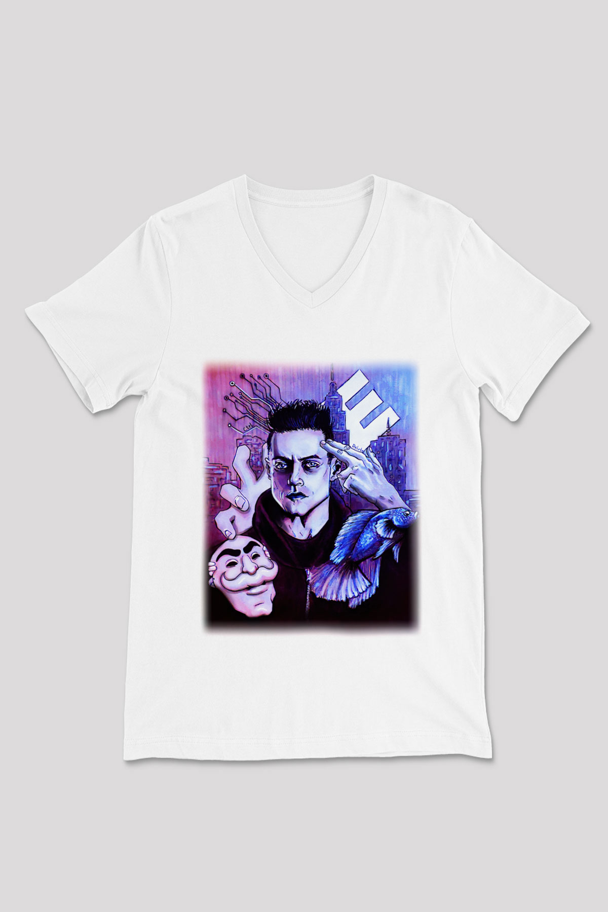 Mr. Robot Beyaz Unisex V Yaka Tişört T-Shirt