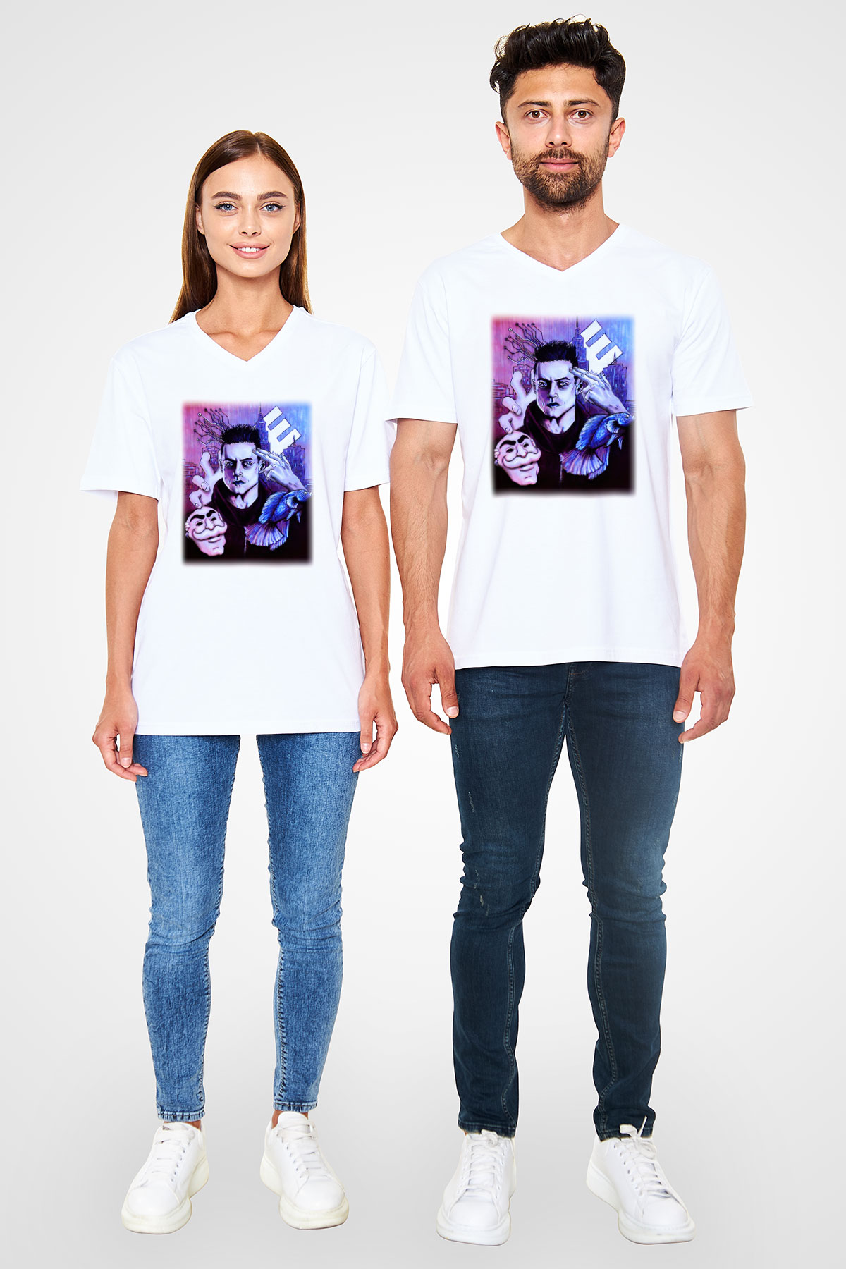 Mr. Robot Beyaz Unisex V Yaka Tişört T-Shirt