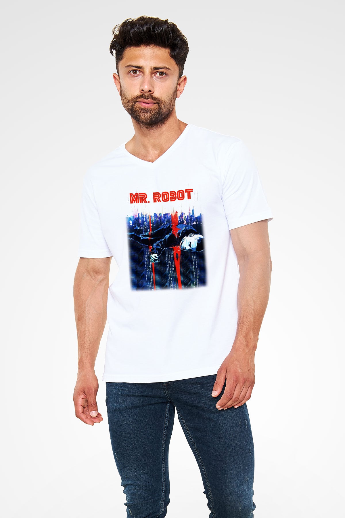 Mr. Robot Beyaz Unisex V Yaka Tişört T-Shirt