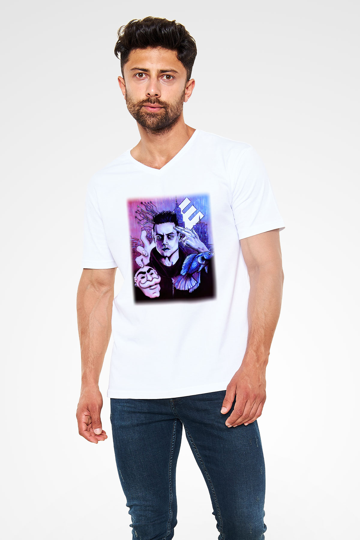 Mr. Robot Beyaz Unisex V Yaka Tişört T-Shirt