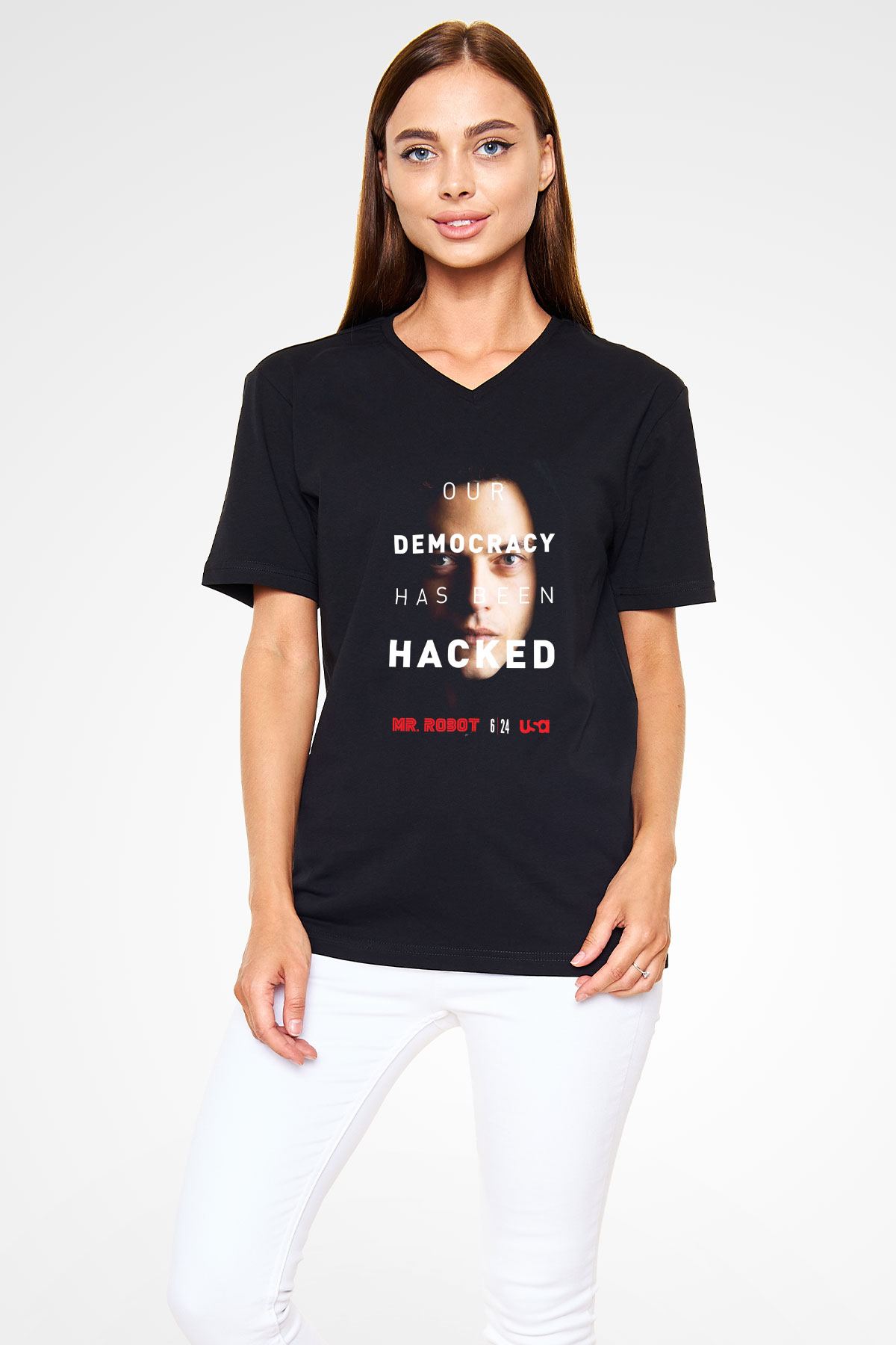 Mr. Robot Siyah Unisex V Yaka Tişört T-Shirt