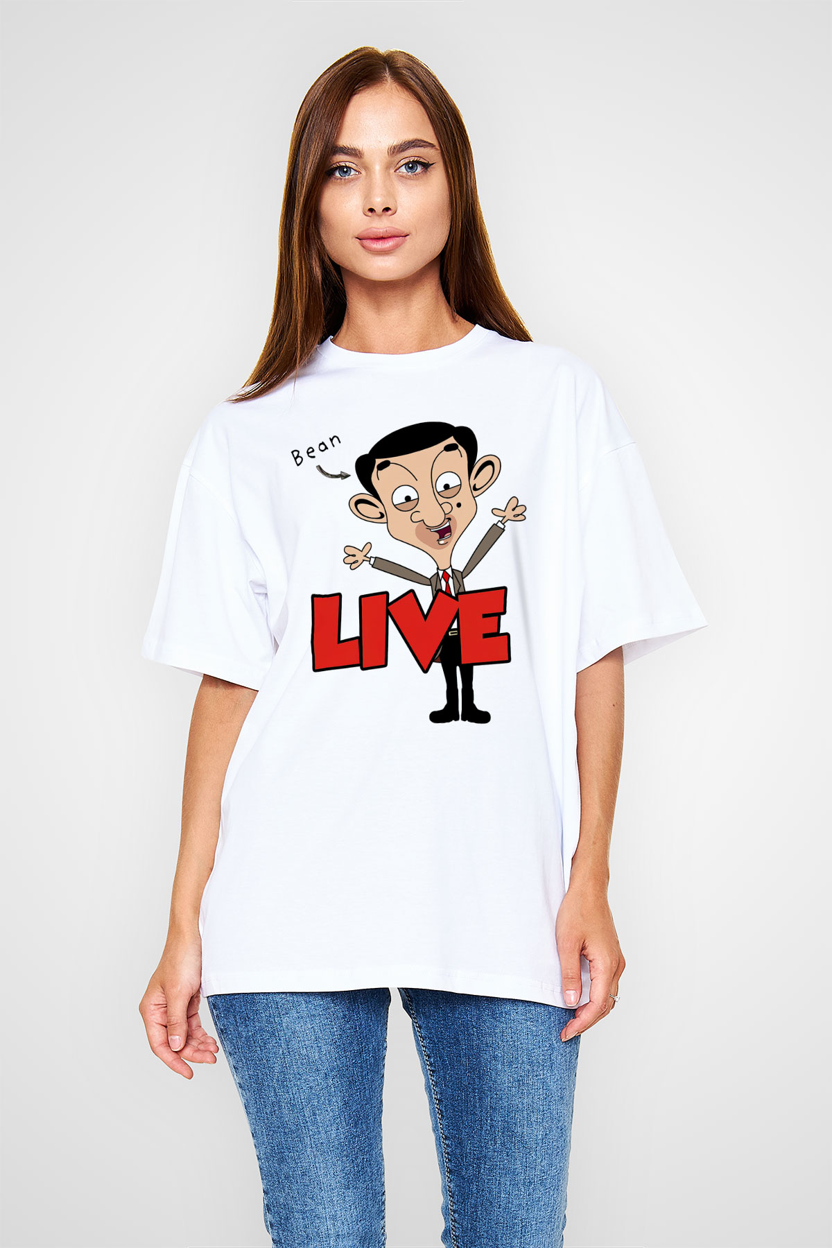 Mr.Bean Beyaz Unisex Oversize Tişört