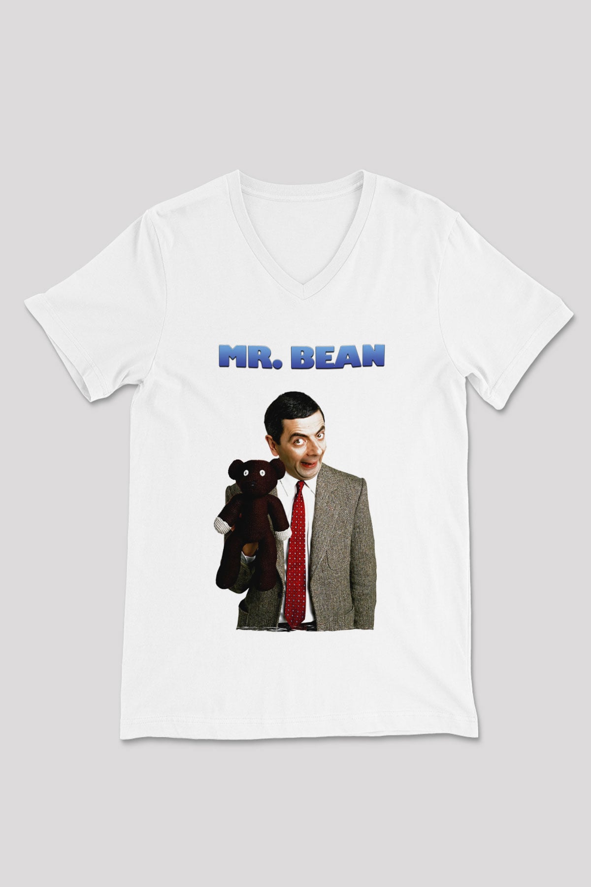 Mr.Bean Beyaz Unisex  V Yaka Tişört