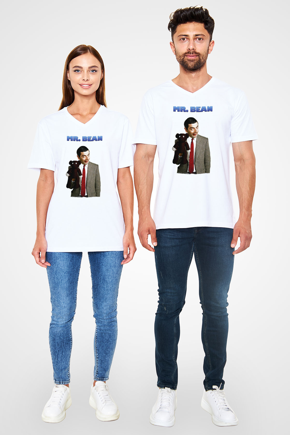 Mr.Bean Beyaz Unisex  V Yaka Tişört