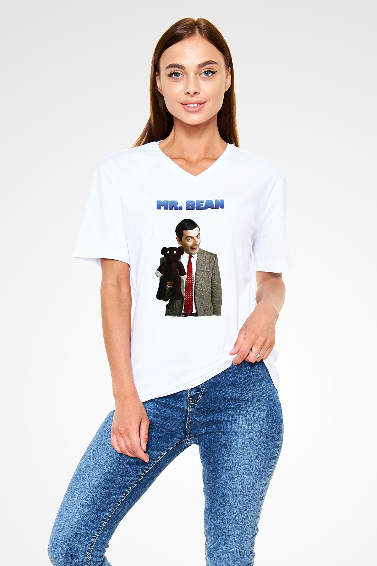 Mr.Bean Beyaz Unisex  V Yaka Tişört