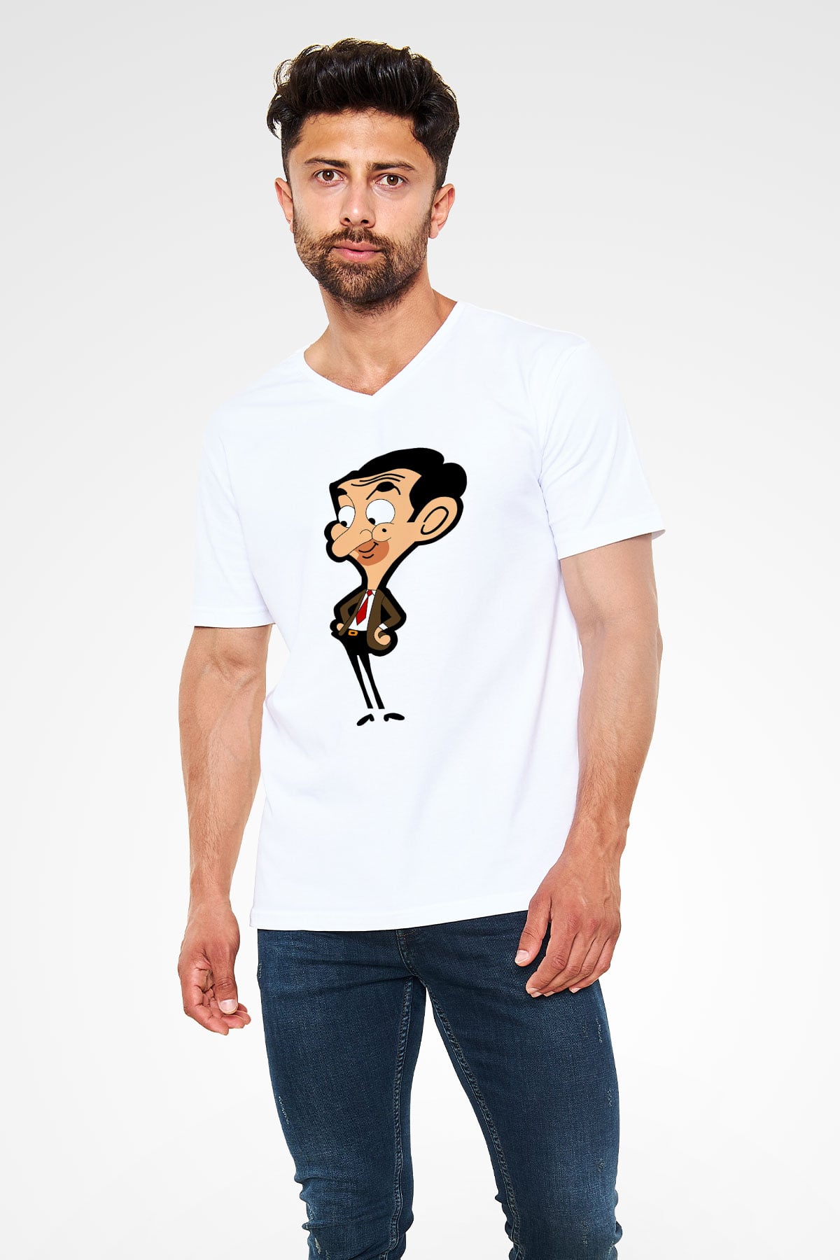 Mr.Bean Beyaz Unisex  V Yaka Tişört