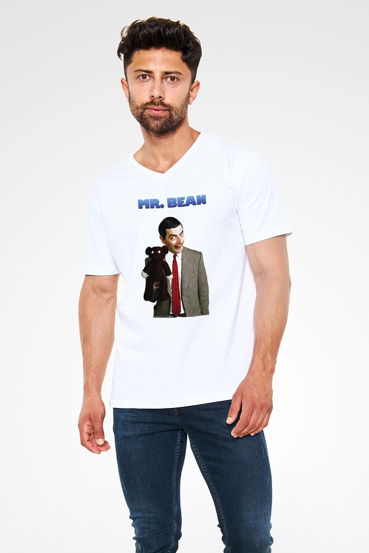Mr.Bean Beyaz Unisex  V Yaka Tişört