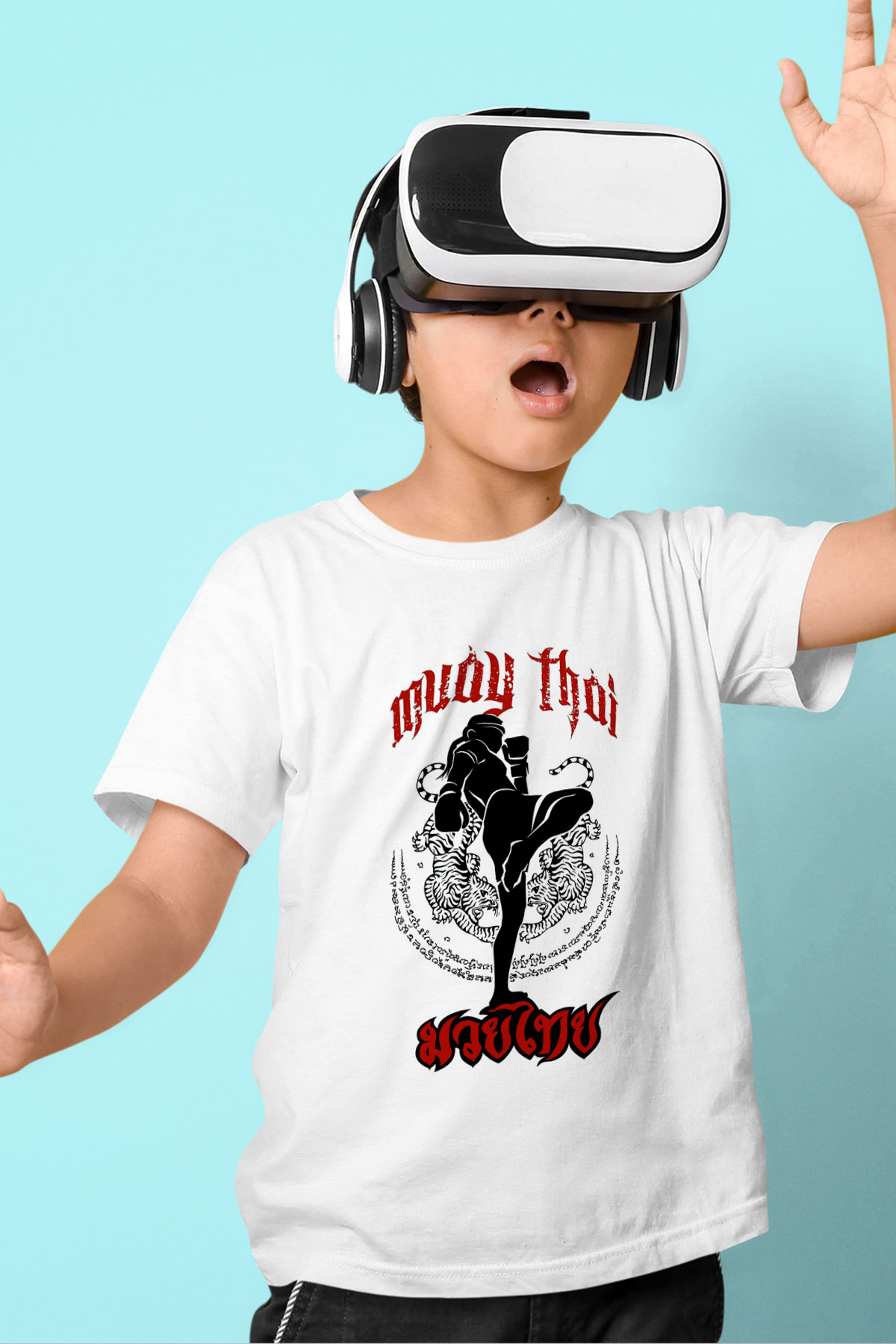 Muay Thai Baskılı Beyaz Unisex Çocuk Tişört
