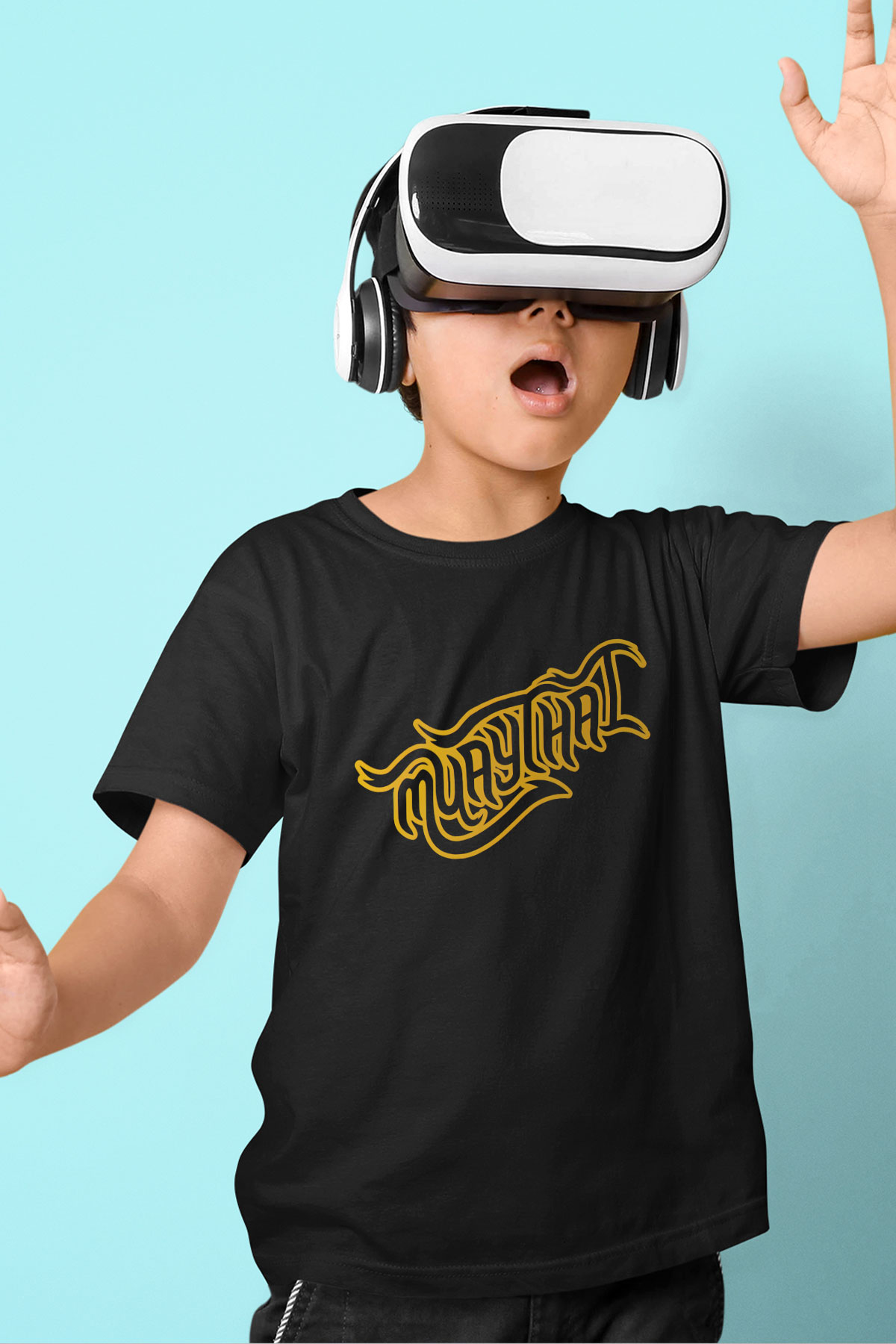 Muay Thai Baskılı Siyah Unisex Çocuk Tişört