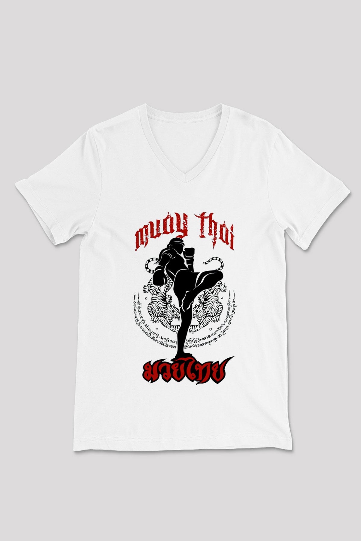 Muay Thai Beyaz Unisex V Yaka Tişört T-Shirt