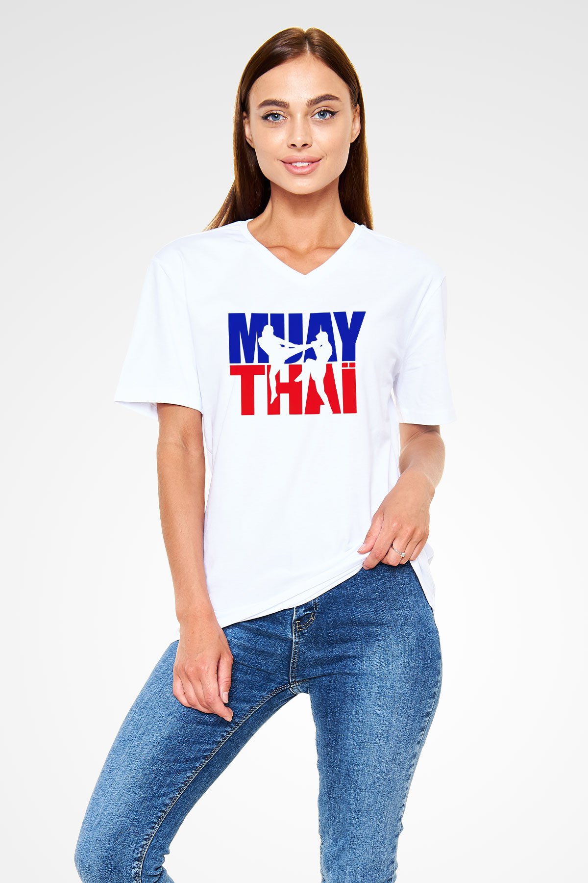 Muay Thai Beyaz Unisex V Yaka Tişört T-Shirt