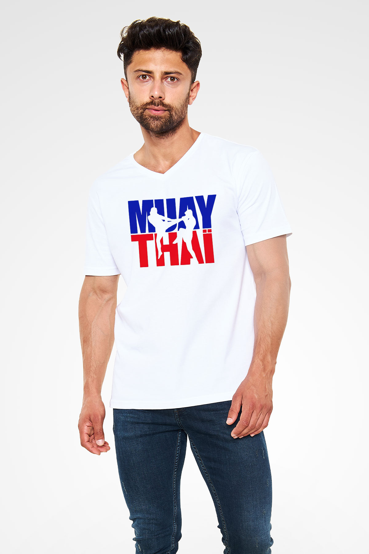 Muay Thai Beyaz Unisex V Yaka Tişört T-Shirt