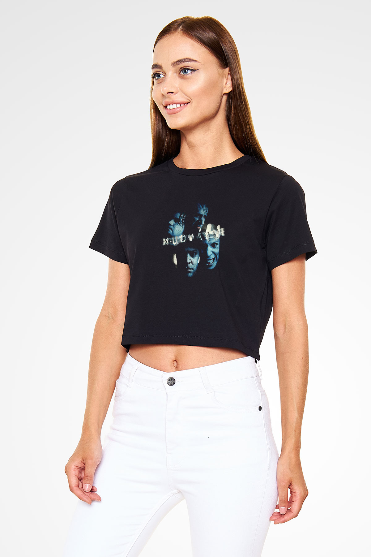 Mudvayne Baskılı Siyah Crop Top Kadın Tişört - Tshirt